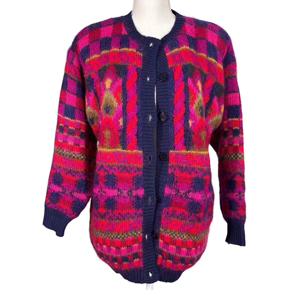 VTG 1992 Susan Bristol Mohair Wool Cardigan Sweater Medium Pink Blue Lined Y2K